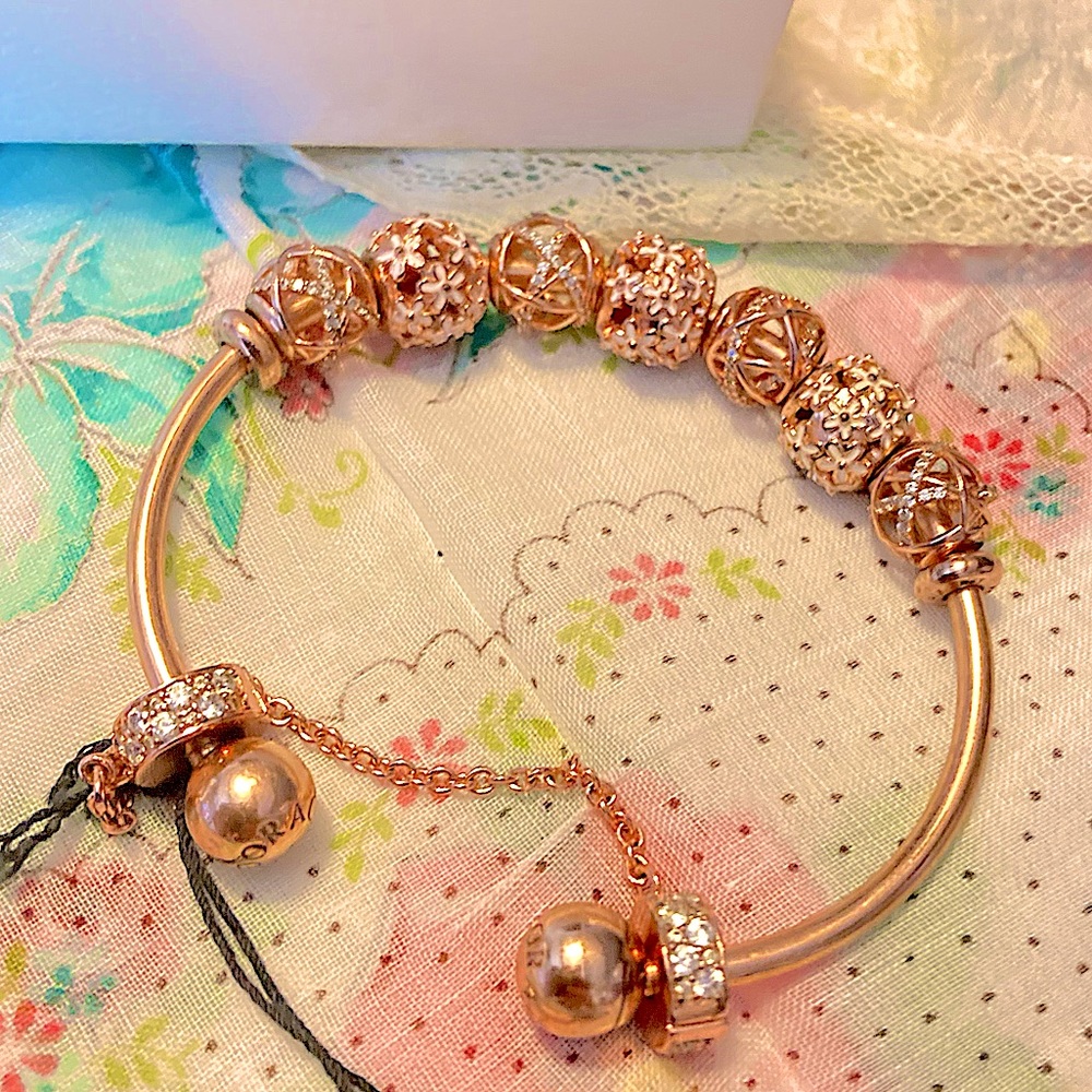 *AUTHENTIC PANDORA* 18krose gold over 925ss SIZE 3 Cuff bangle bracelet w/EXTRAS - Picture 6 of 15